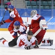 GANGNEUNG, SOUTH KOREA - FEBRUARY 24: Canada's Rene Bourque #17 gets tangled up with the Czech Republic's Jakub Nakladal #87 and Pavel Francouz #33 while Adam Polasek #61 looks on during bronze medal game action at the PyeongChang 2018 Olympic Winter Games. (Photo by Andre Ringuette/HHOF-IIHF Images)

